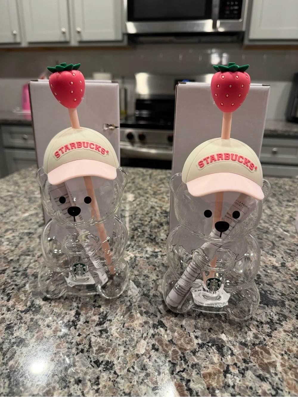 Starbucks Clear Bear Bottle with Pink Strawberry Cap and Cream Hat